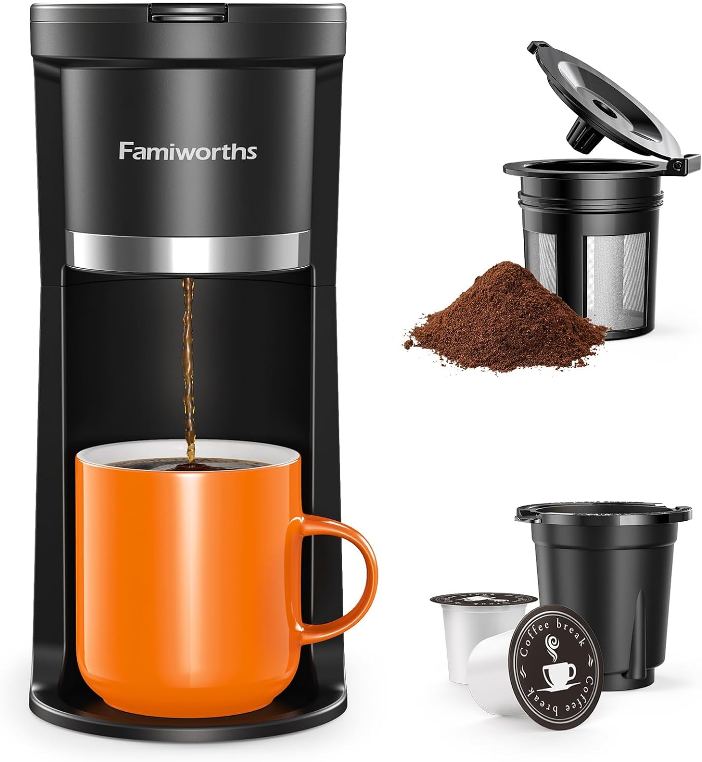 Famiworths Mini Coffee Maker Single Serve, Instant One Cup for K Cup  Ground Coffee, 6 to 12 Oz Brew Sizes, Capsule Coffee Machine with Water Window and Descaling Reminder, Black