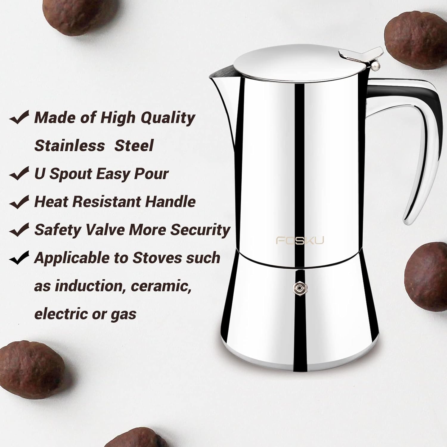 FOSKU Stovetop Espresso Maker, Stainless Steel Moka Pot, Italian Style Coffee Maker, Espresso Pot For 6 Cups, 300ml (Silver)