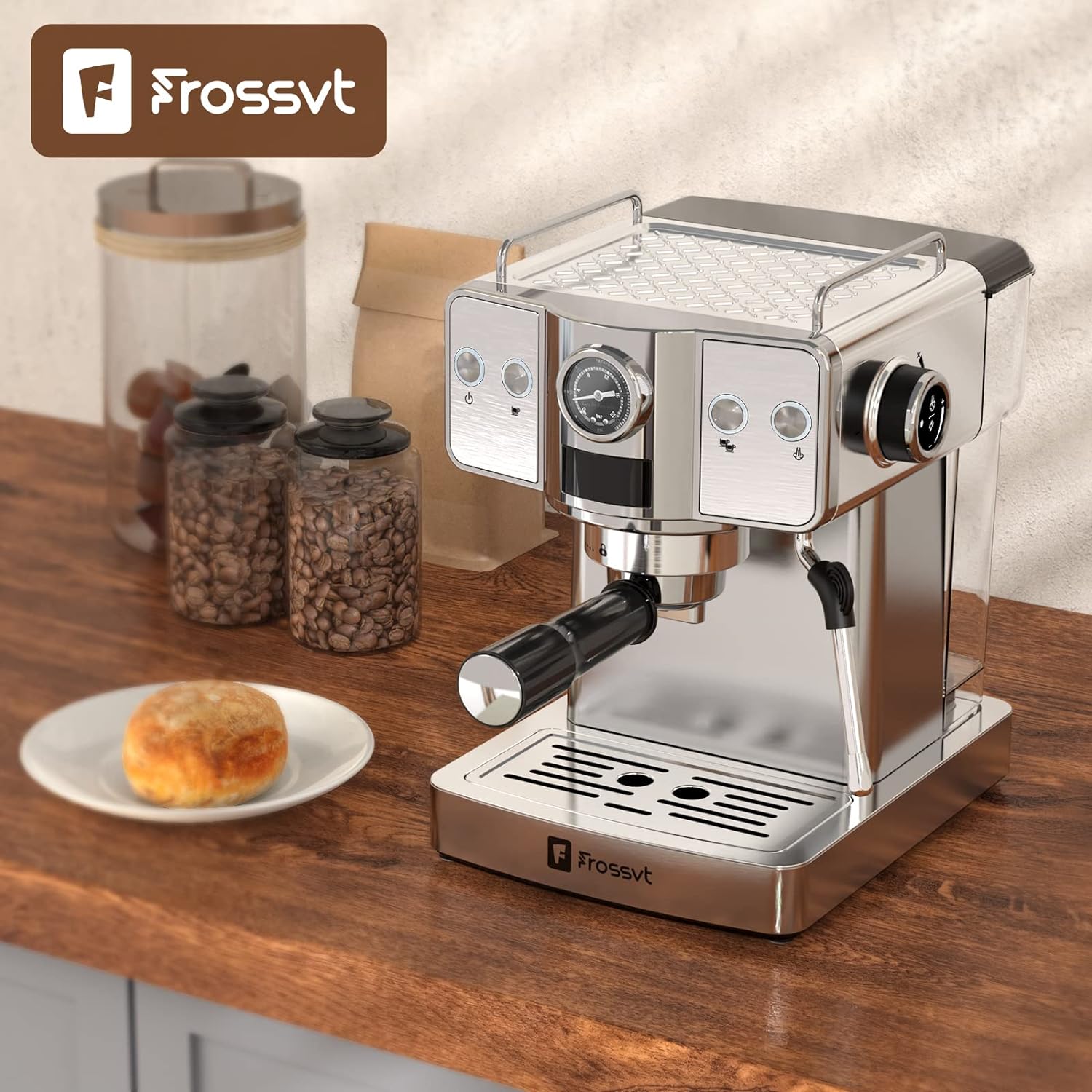 Frossvt Espresso Machine, 20 Bar Espresso Maker with Milk Frother Steam Wand for Latte and Cappuccino, Stainless Steel Coffee machines with 1.8L/60oz Water Tank for home, Sliver Coffee maker