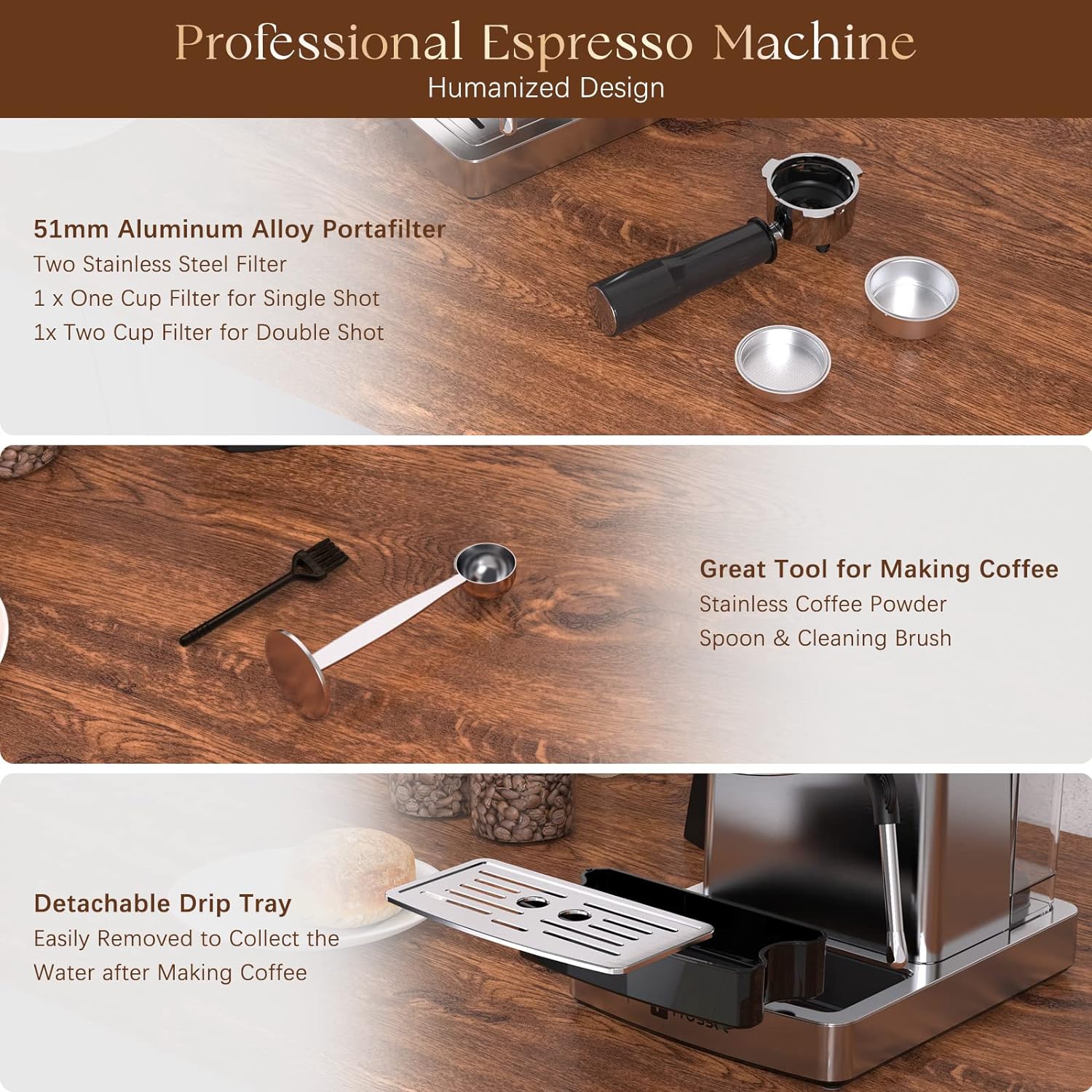 Frossvt Espresso Machine, 20 Bar Espresso Maker with Milk Frother Steam Wand for Latte and Cappuccino, Stainless Steel Coffee machines with 1.8L/60oz Water Tank for home, Sliver Coffee maker