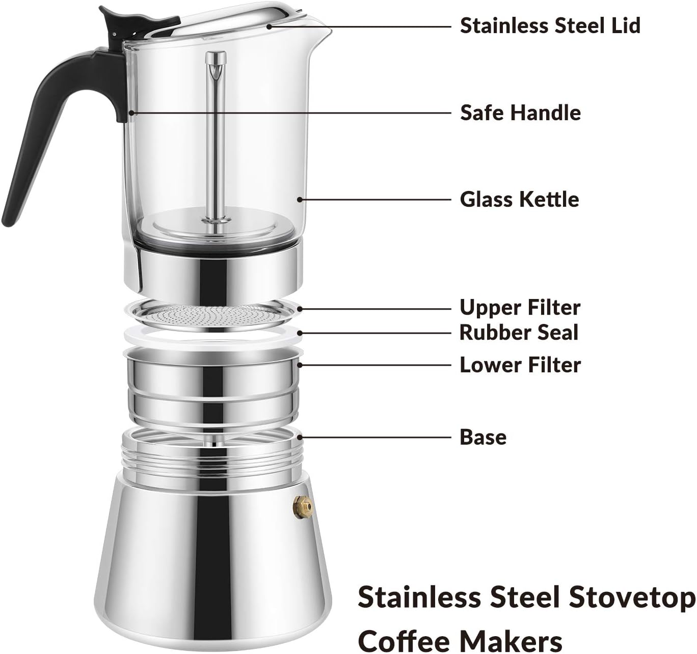 GEESTA Premium Crystal Glass-Top Stovetop Espresso Moka Pot - 4 / 6/ 9 Cups Stainless Steel Coffee Maker- 360ml/12.7oz/9 cup (espresso cup=40ml) Gift for man women