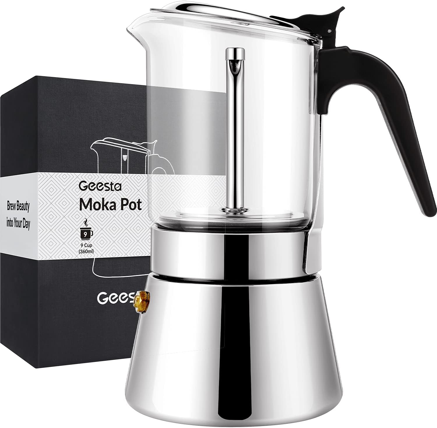 GEESTA Premium Crystal Glass-Top Stovetop Espresso Moka Pot - 4 / 6/ 9 Cups Stainless Steel Coffee Maker- 360ml/12.7oz/9 cup (espresso cup=40ml) Gift for man women