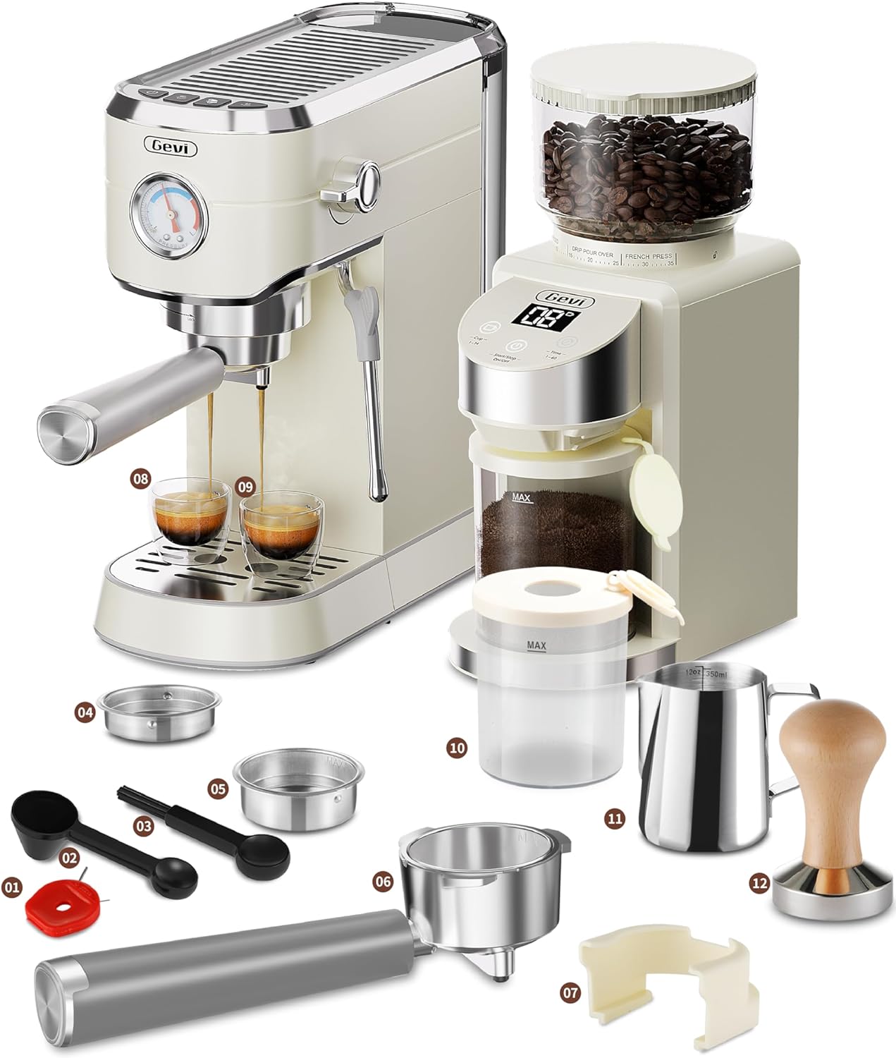 Gevi 20 Bar Compact Professional Espresso Coffee Machine with Milk Frother for Espresso, Latte and Cappuccino Burr Coffee Grinder with 35 Precise Grind Settings, Beige