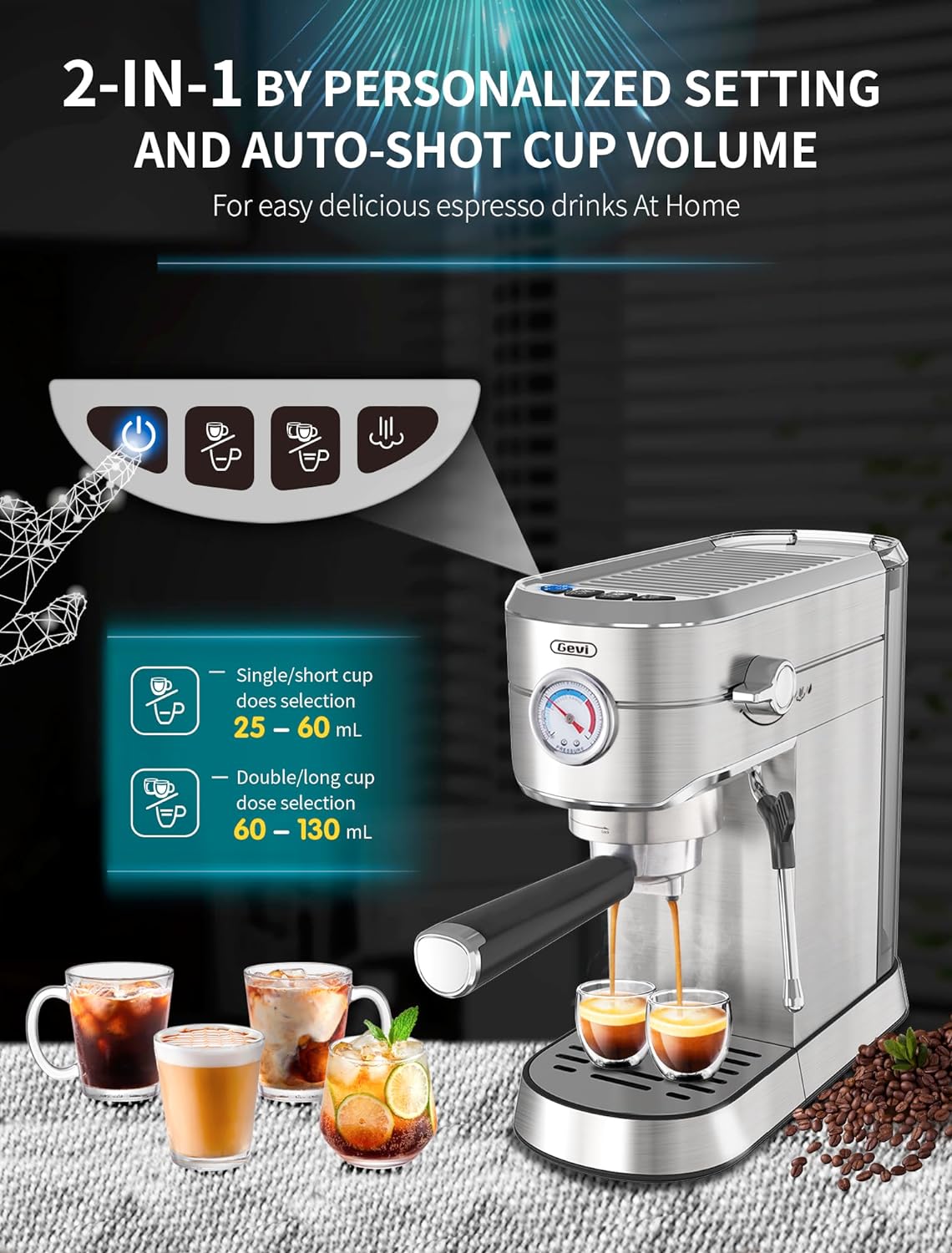 Gevi Espresso Machine 20 Bar Professional Espresso Maker with Milk Frother Steam Wand, Compact Semi-Automatic Espresso Machines for Cappuccino, Latte, Commercial Espresso Machines Coffee Makers