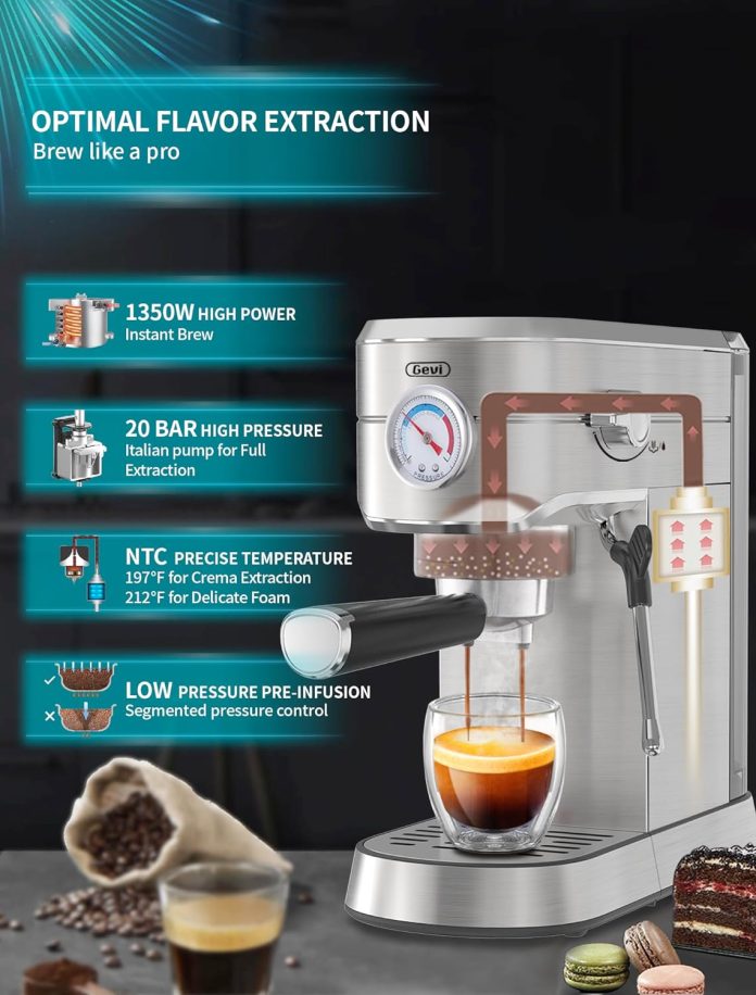 gevi espresso machine 20 bar professional espresso maker with milk frother steam wand compact semi automatic espresso ma