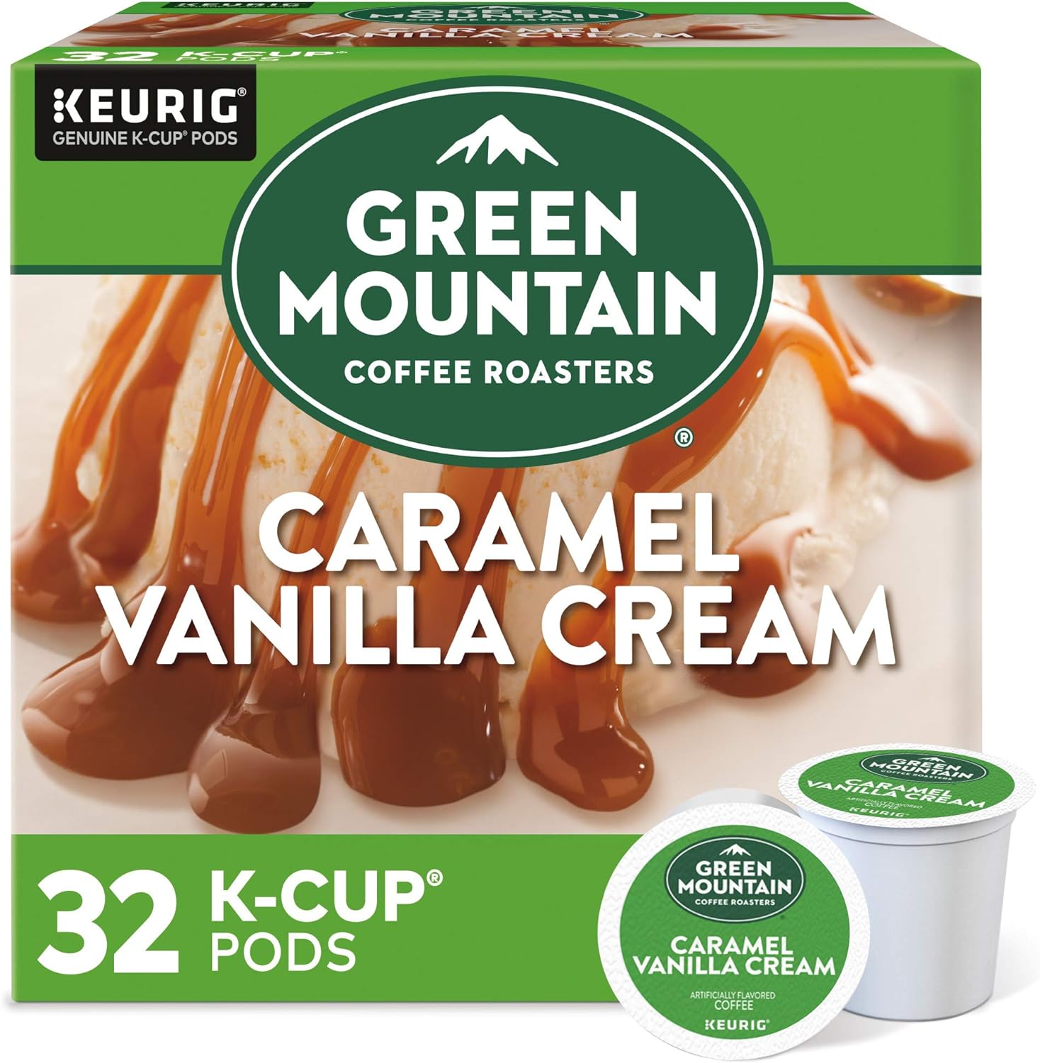 Green Mountain Coffee Roasters Caramel Vanilla Cream, Single-Serve Keurig K-Cup Pods, Flavored Light Roast Coffee Pods, 32 Count