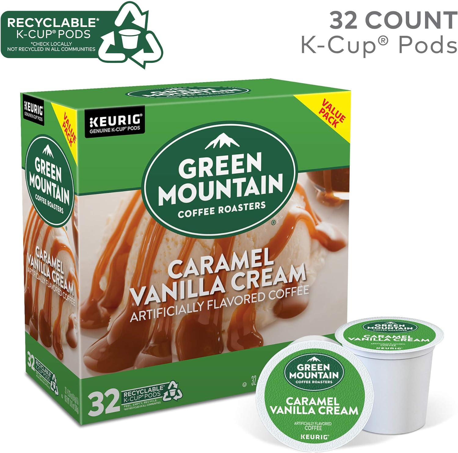 Green Mountain Coffee Roasters Caramel Vanilla Cream, Single-Serve Keurig K-Cup Pods, Flavored Light Roast Coffee Pods, 32 Count