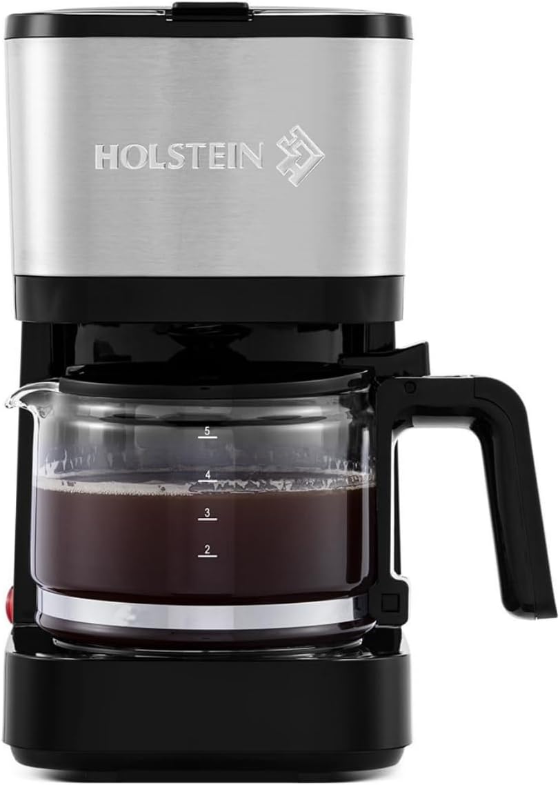 Holstein Housewares 5-Cup Coffee Maker - Pause N Serve, One-Touch Operation, Non-Stick Warming Plate, Water Level Indicator - Reusable Filter - Compact Design - White and Gold Color
