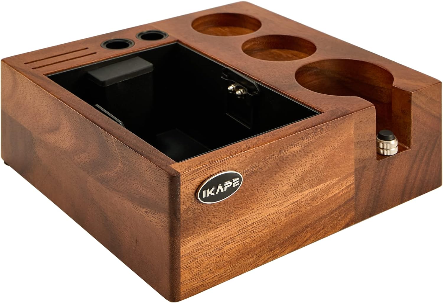 IKAPE V2 Espresso Knock Box, 58MM Espresso Coffee Organizer Box Fit for Storage 58MM Espresso Tamper, Distributor, Portafilter  Puck Screen Accessories, Natural Walnut Tamper Station Base (8 IN One)