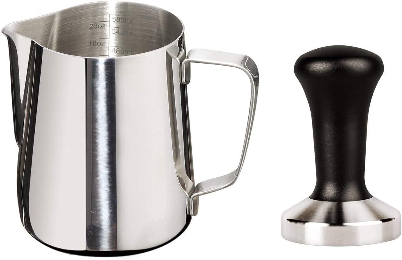 Joytata 20oz Milk Frothing Pitcher 53mm Stainless Steel Espresso Tamper Set-Milk Pitcher with Measurement Scale,Stainless Steel Steam Pitcher Coffee Tamper Set Perfect for Espresso Machine-Froth Cup