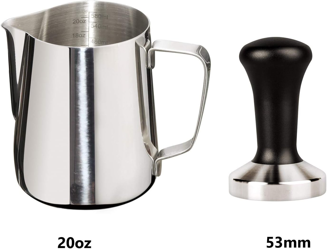 Joytata 20oz Milk Frothing Pitcher 53mm Stainless Steel Espresso Tamper Set-Milk Pitcher with Measurement Scale,Stainless Steel Steam Pitcher Coffee Tamper Set Perfect for Espresso Machine-Froth Cup
