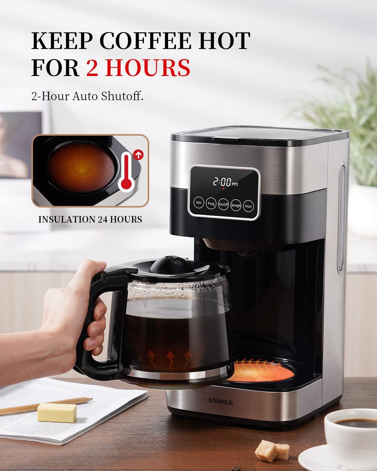 KIDISLE 10 Cup Programmable Coffee Maker 2.0, Drip Coffee Machine with Touch Screen, Glass Carafe, Reusable Filter, Warming Plate, Regular  Strong Brew for Home and Office, Stainless Steel