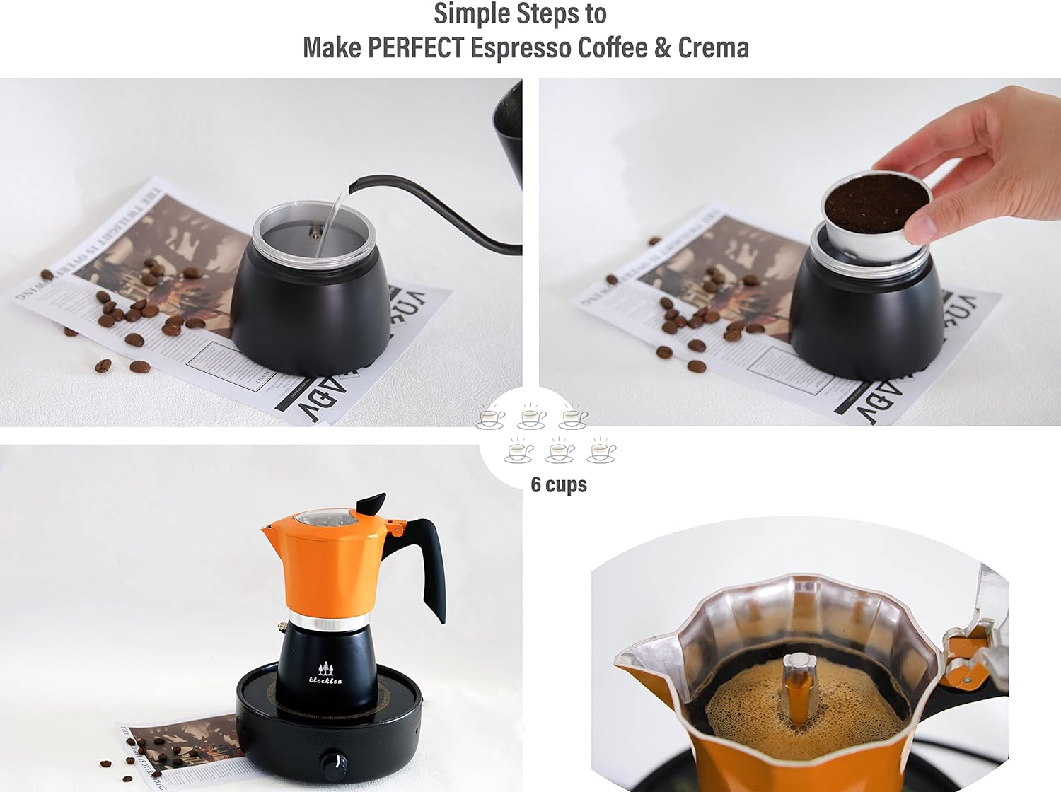 kleeklea Stovetop Espresso Coffee Maker, Italian Moka Pot with Transparent Top Lid, 6 Espresso Cups Classic Aluminium Percolator Coffee Pot for Cuban Grace Café Brewing Orange/Black
