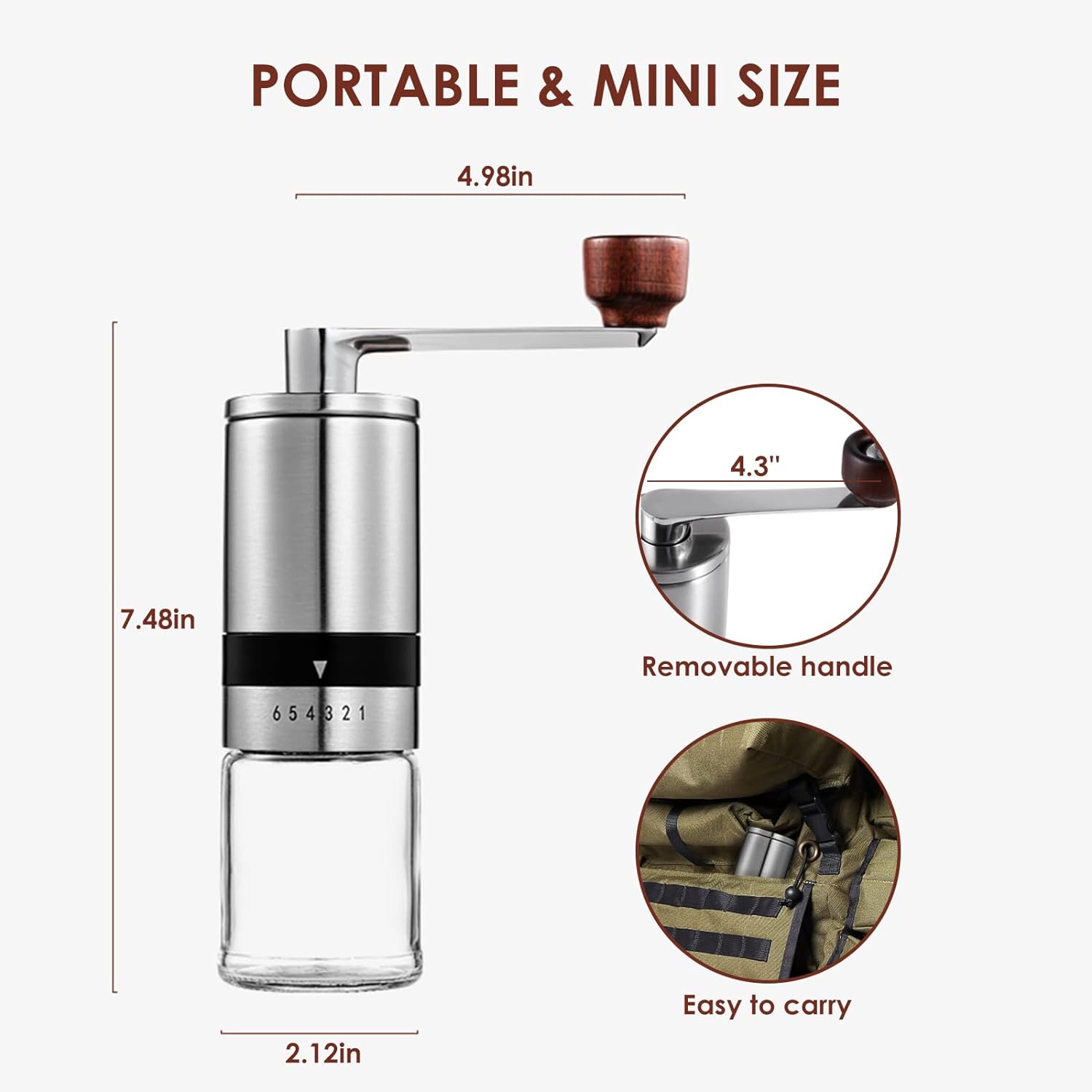 Koyatti Manual Coffee Grinder Stainless Steel with Conical Ceramic Burrs,6 Adjustable Setting,Portable Vintage Hand Coffee Bean Mill Faster Grinding for Travel Camping