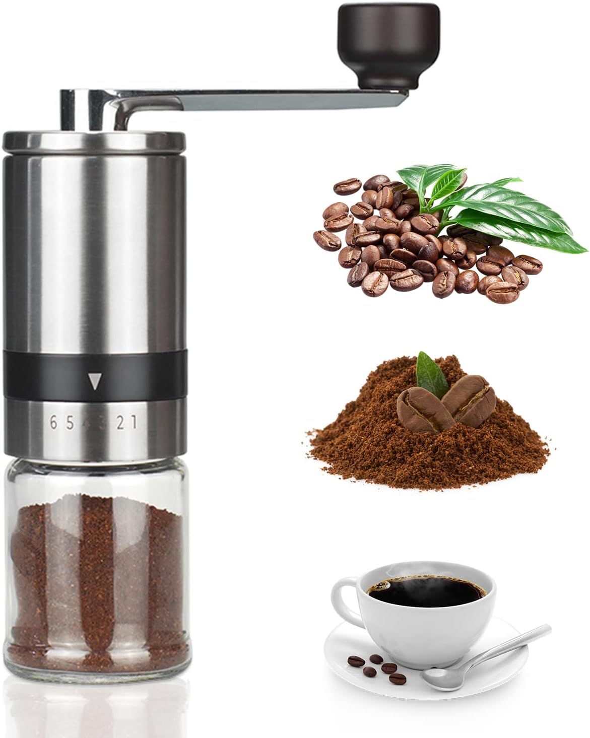 Koyatti Manual Coffee Grinder Stainless Steel with Conical Ceramic Burrs,6 Adjustable Setting,Portable Vintage Hand Coffee Bean Mill Faster Grinding for Travel Camping