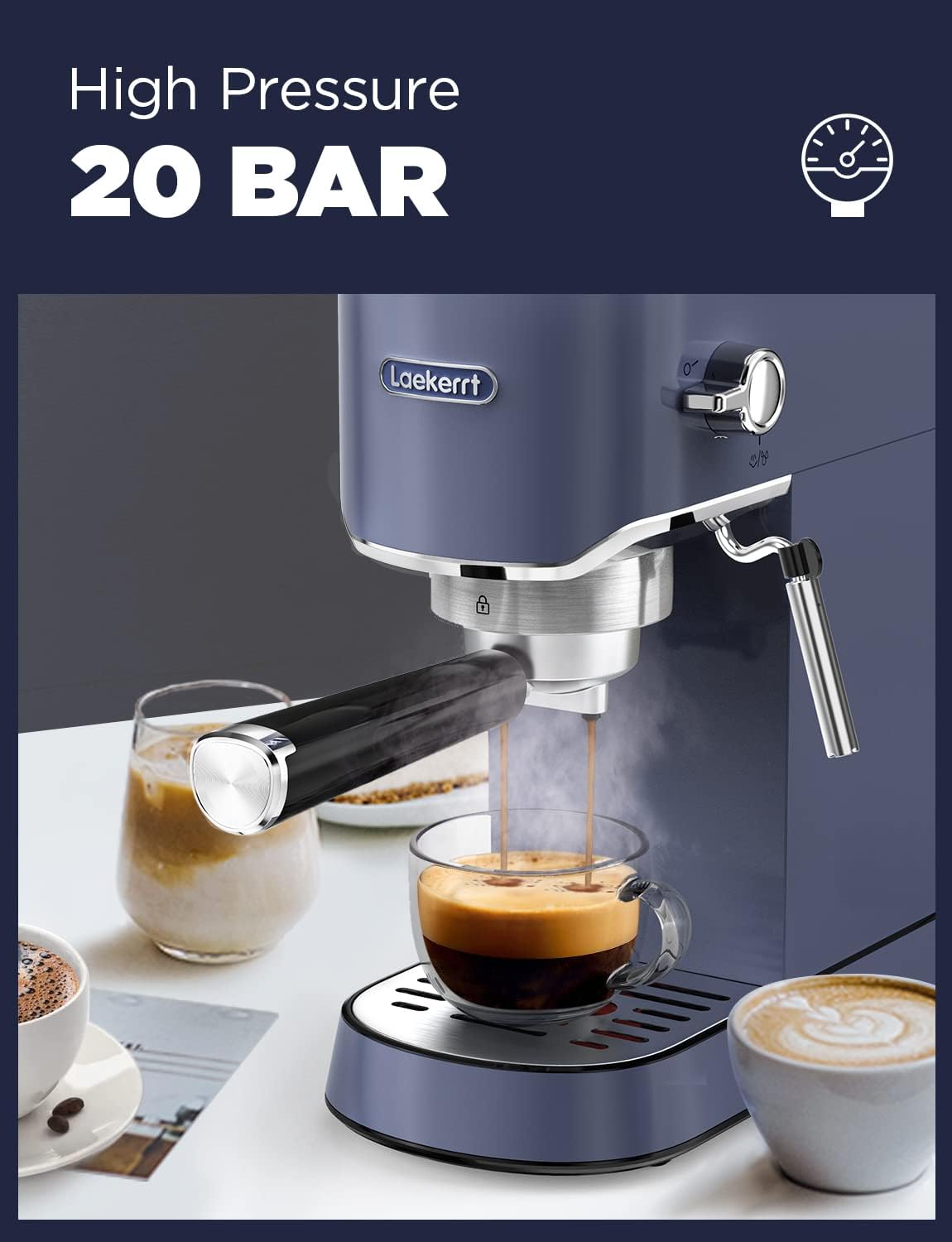 Laekerrt 20 Bar Espresso Maker CMEP01 with Milk Frother Steamer, Home Expresso Coffee Machine for Cappuccino and Latte (Navy Blue, Stainless Steel) Gift for Coffee Lovers, Father