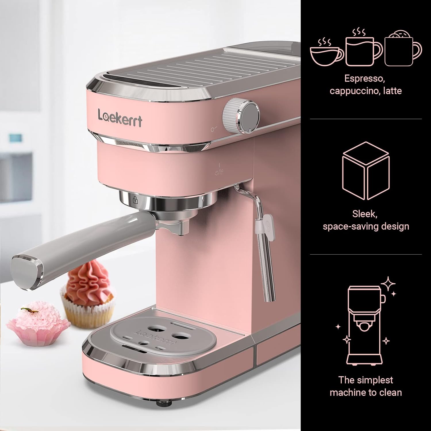 Laekerrt Professional Espresso Machine 20 Bar, Espresso Maker with Milk Frother Steam Wand, Stainless Steel Home Coffee Machines for Cappuccino and Latte, Gift for Women Wife Daughter or Mom, Pink