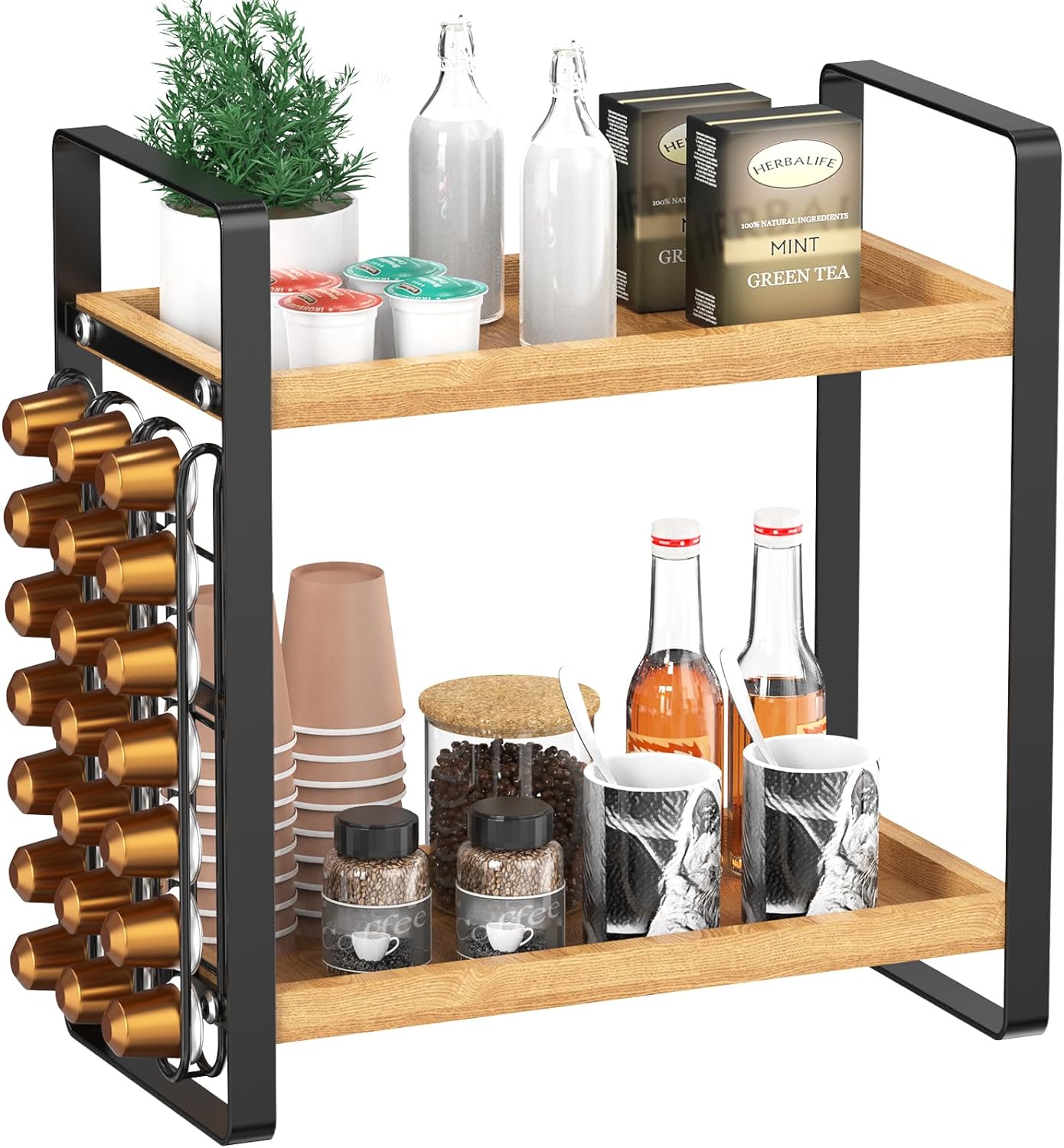 LEMIKKLE Coffee Station Organizer, Large Capacity Coffee Pod Holder Coffee Bar Accessories and Cup Storage Organizer, Set of 2 tie Wood Counter Shelves for Kitchen, Office, Countertop(Brown)