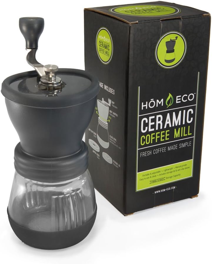Manual Coffee Grinder, Adjustable Ceramic Burr Grinders with Stainless Steel Adjustment Nut and Glass Jar, by HomEco