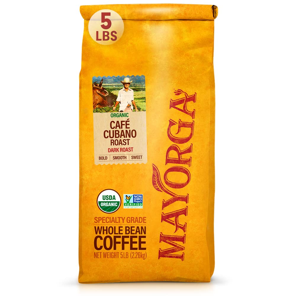 Mayorga Organics Café Cubano, Dark Roast Whole Bean Coffee, 2lbs Bag, Specialty-Grade, 100% USDA Organic, Non-GMO Verified, Direct Trade, Kosher