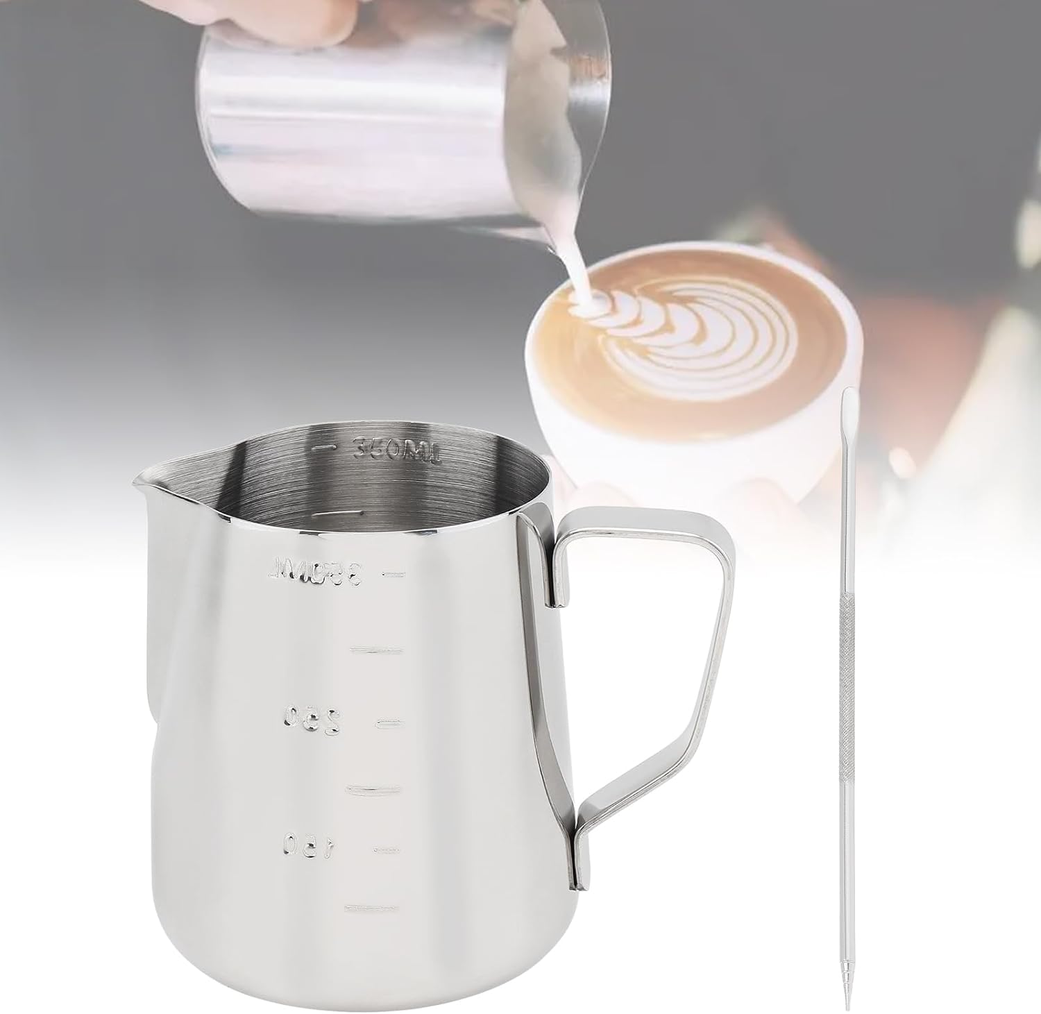 Milk Frothing Pitcher, 12oz Stainless Steel Espresso Steaming Pitcher Cappuccino Pitcher Pouring Jug Espresso Cup, Perfect for Espresso Machines, Milk Frothers