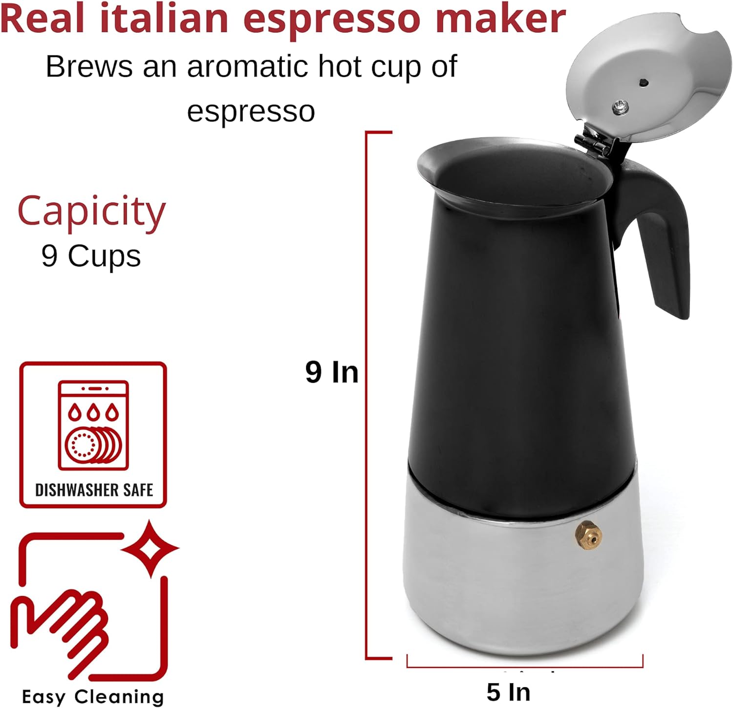 Mixpresso 9 Cup Coffee Maker Stovetop Espresso Coffee Maker, Moka Coffee Pot with Coffee Percolator Design, Stainless Steel stovetop espresso maker, Italian Coffee Maker, Black Coffee Pot