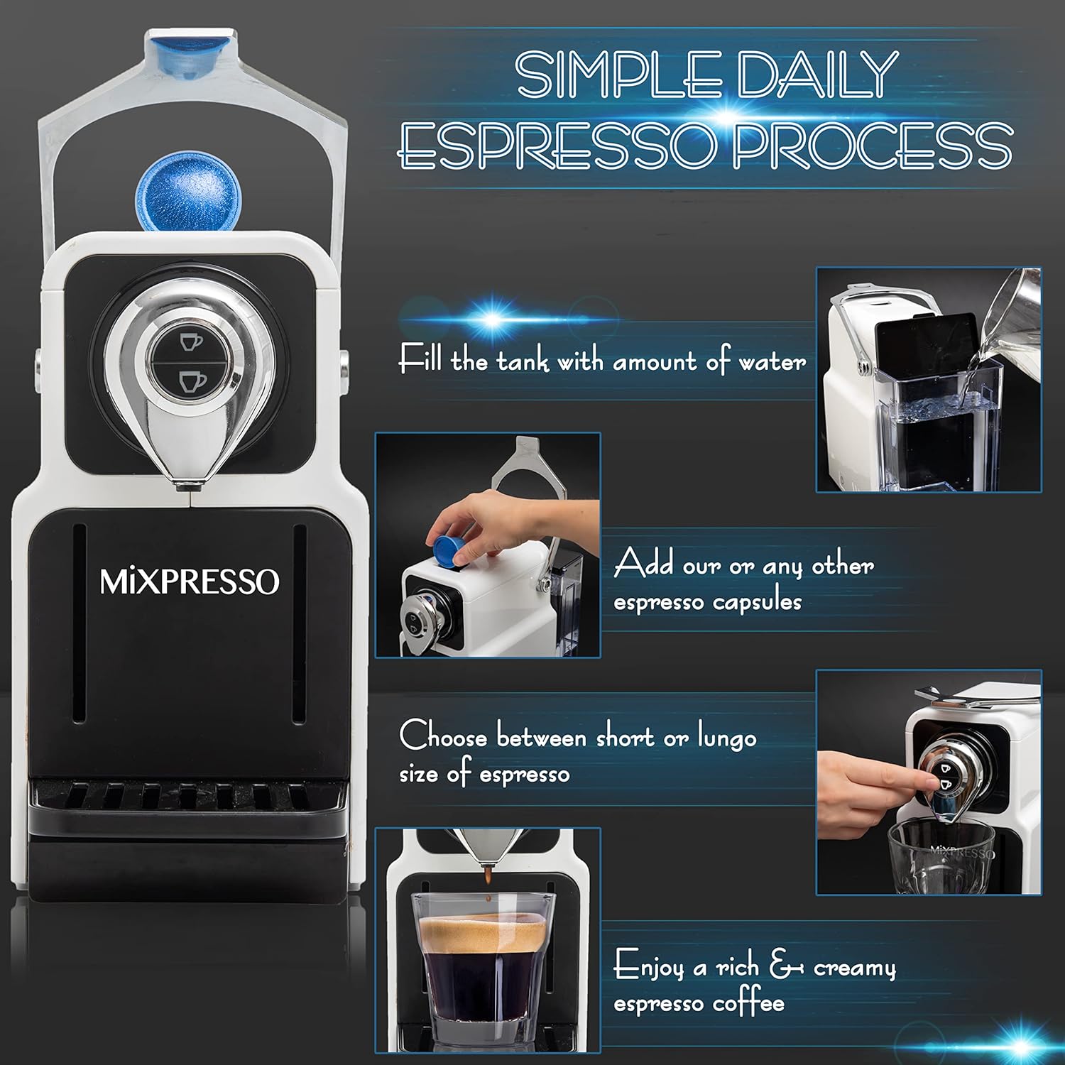 Mixpresso Espresso Machine for Nespresso Compatible Capsule, Single Serve Coffee Maker Programmable for Espresso Pods, Premium Italian 19 Bar High Pressure Pump 23oz 1400w White Coffee Maker
