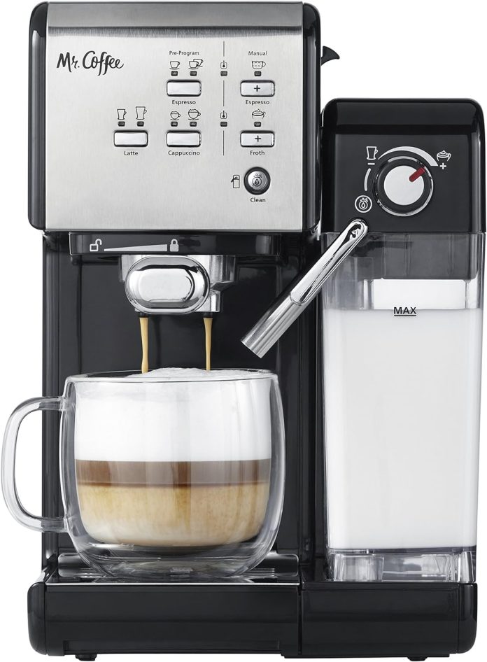 mr coffee espresso and cappuccino machine programmable coffee maker with automatic milk frother and 19 bar pump stainles