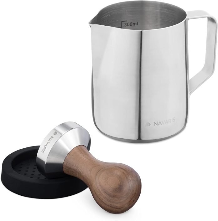 navaris coffee tamper set milk jug and stainless steel espresso press with walnut handle for coffee 51mm coffee ground c