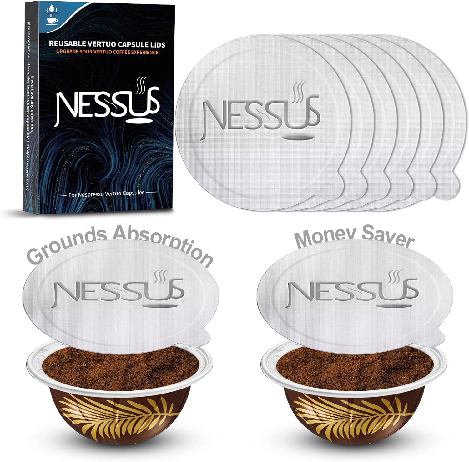 Nessus Foil Seals Lid for Reusable Nespresso Vertuo Pods, Refillable Capsule Aluminum Foil Lids Sticker with Coffee Grounds Absorption Layer, Compatible with Nespresso VertuoLine Machine(60 pcs, 62mm)