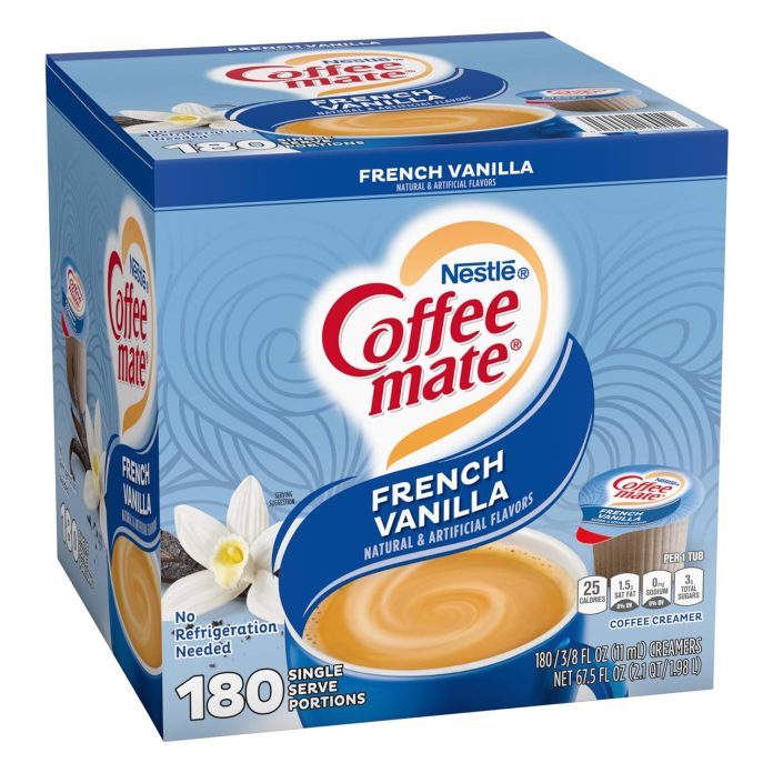 nestle coffee mate coffee creamer french vanilla liquid creamer singles non dairy no refrigeration box of 180 singles
