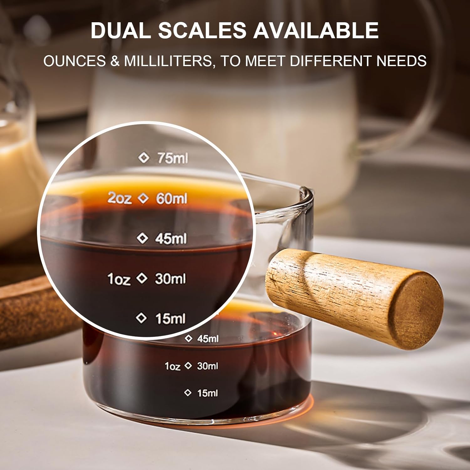 PARACITY Espresso Cups with Wood Handle, Double Spout Glass Measuring Cup with Dual Scale, Espresso Shot Glass with V-Shaped Mouth, Clear Glass Espresso Accessories, Milk Frothing Pitcher 3.5OZ