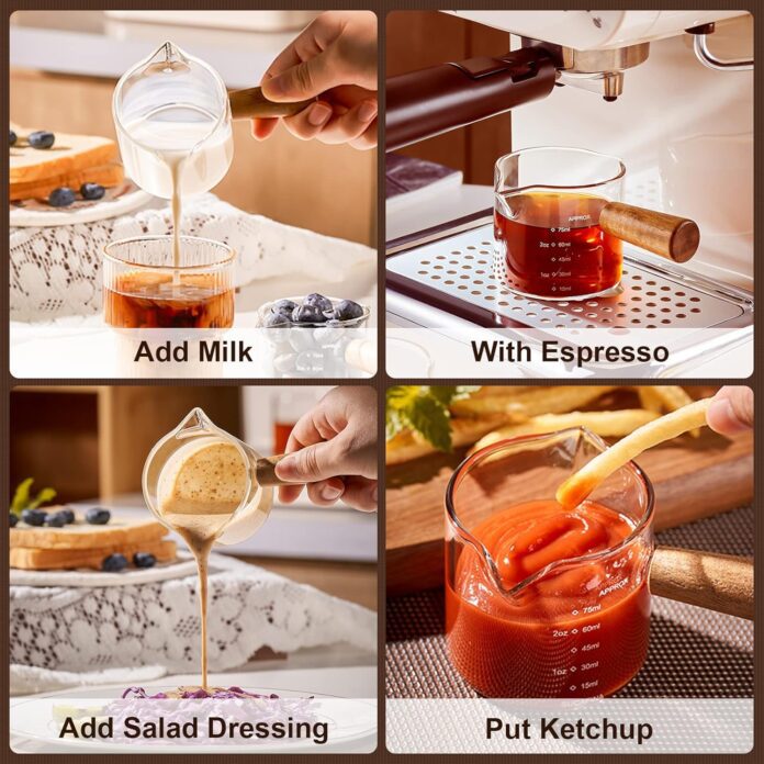 paracity espresso cups with wood handle double spout glass measuring cup with dual scale espresso shot glass with v shap