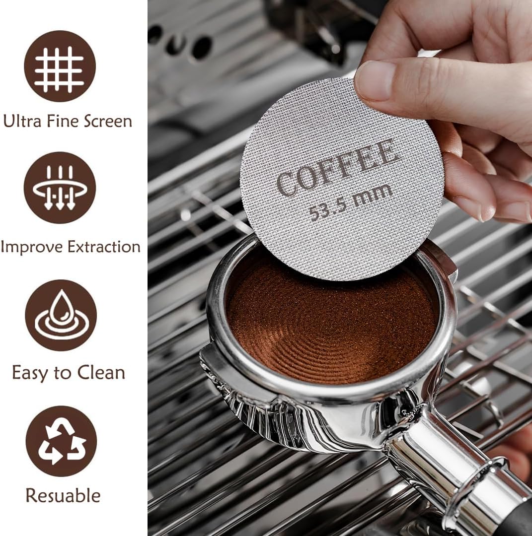 Puck Screen 53.5mm Reusable Puck Screen for Espresso Portafilter, 1.7mm Thickness 150μm 316 Stainless Steel Screen Filter Basket Compatible with Espresso Machine