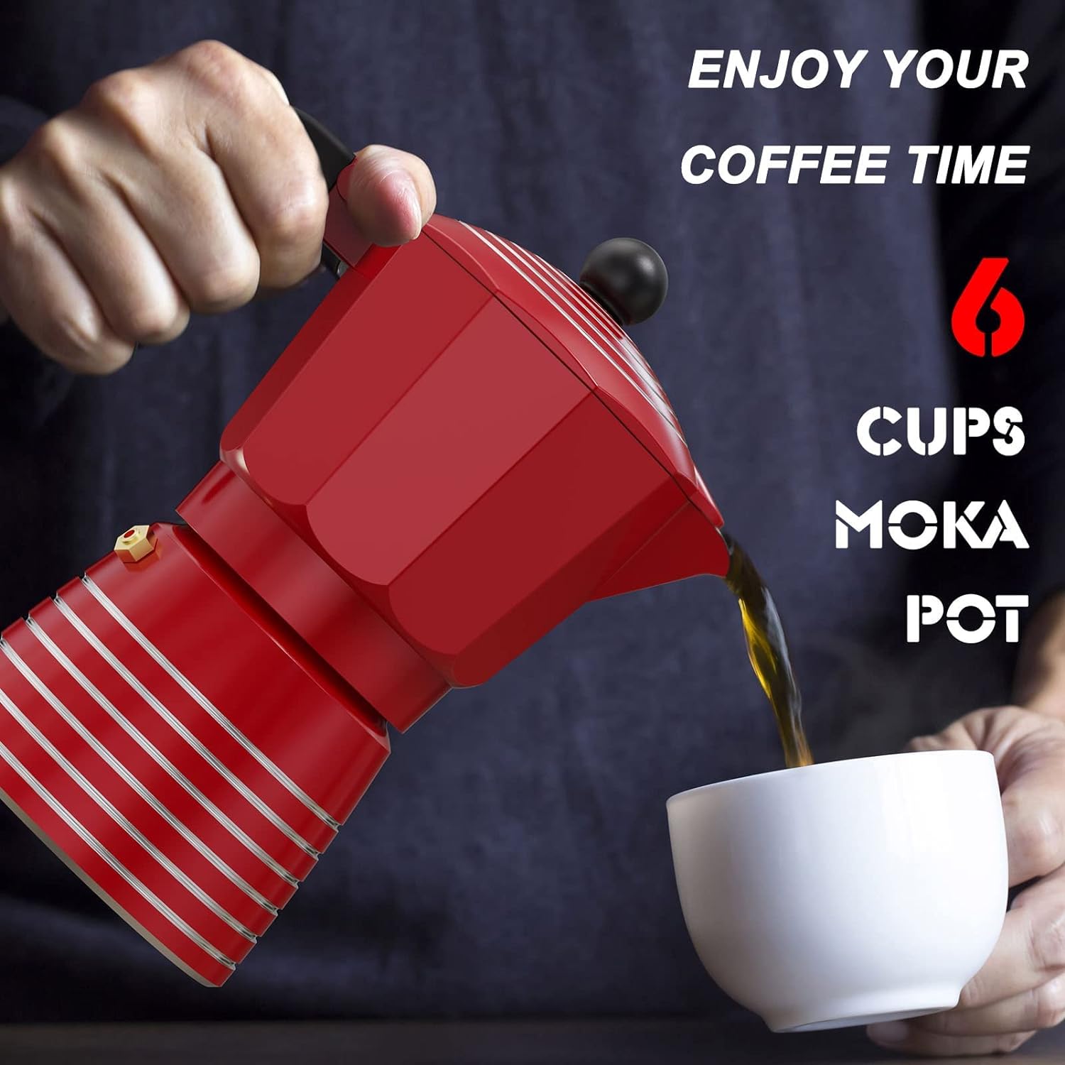 RAINBEAN Moka Pot 6 Cup Set Espresso Maker, Steam Italian Stovetop Coffee Makers Percolator, Aluminum Ripple Ring Design, Easy To Use  Clean, 2 Ceramic Cups | Stainless Spoon | Black