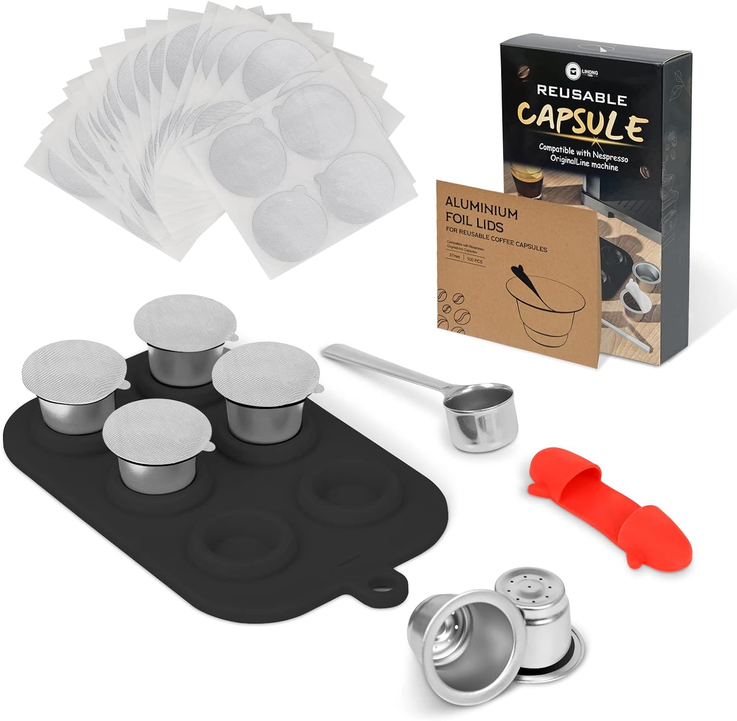 Reusable Coffee Capsules for Nespresso Originales, Stainless Steel Refillable Coffee Pods, 1pcs Reutilisable Refillable Espresso Capsule(1 Cup+ Plastic Spoon)