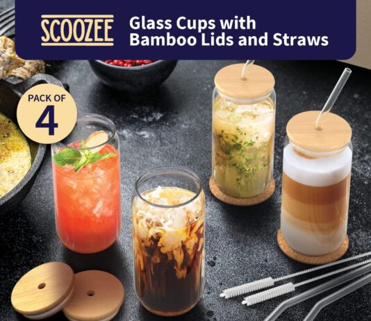 scoozee glass cups with bamboo lids and straws 18oz set of 4 iced coffee cup for ice coffee bar accessories aesthetic cu