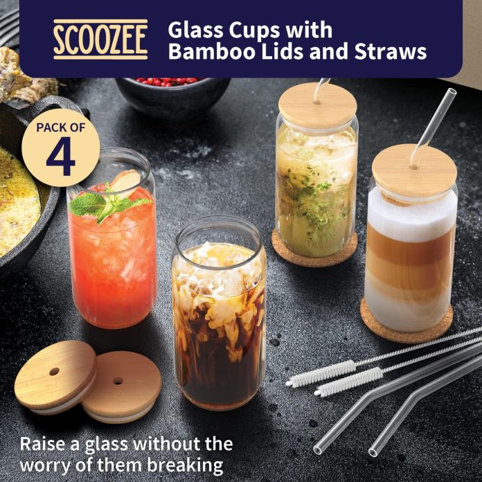 scoozee glass cups with bamboo lids and straws 18oz set of 4 iced coffee cup for ice coffee bar accessories aesthetic cu