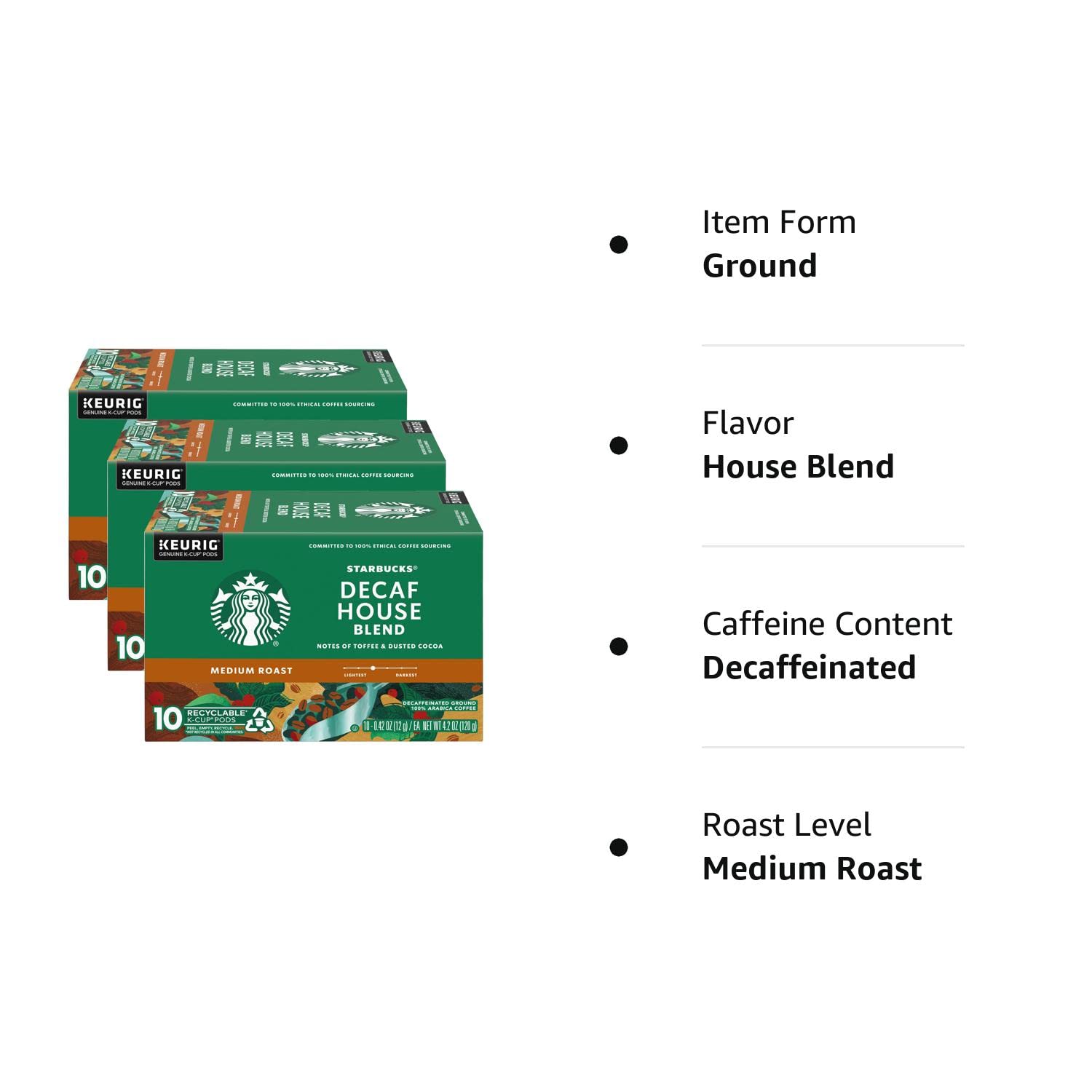 Starbucks Decaf House Blend Coffee K-Cup Pods, Medium Roast Decaffeinated Ground Coffee K-Cups for Keurig Brewing System, 10 CT K-Cups/Box (Pack of 3 Boxes)