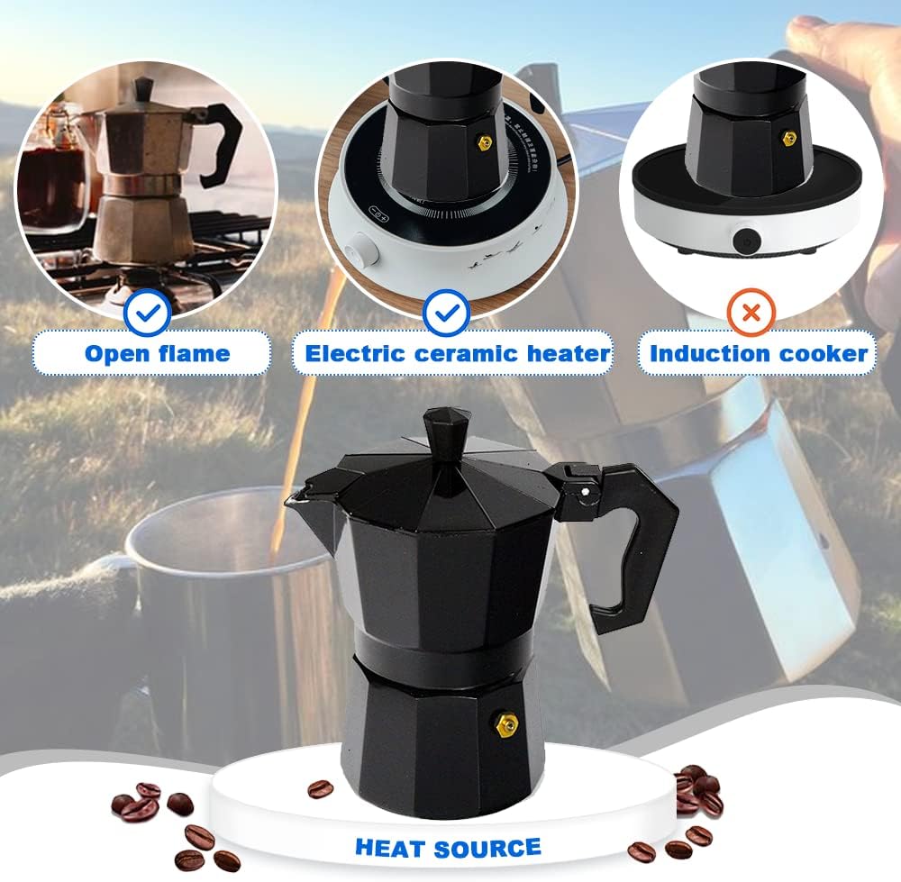 Stovetop Espresso Maker, Aluminium Stovetop Coffee Maker Pots, Moka Pot for Classic Espresso, 6 Cup 10 Oz, Moka Pot Italian Coffee Maker for Home and Camping, Comes with 2 rubber rings (Black)