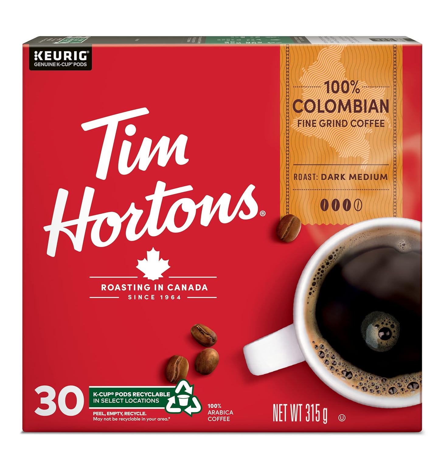 Tim Hortons Colombian Coffee, Single Serve Keurig K-Cup Pods, Dark Medium Roast, 30 Count 