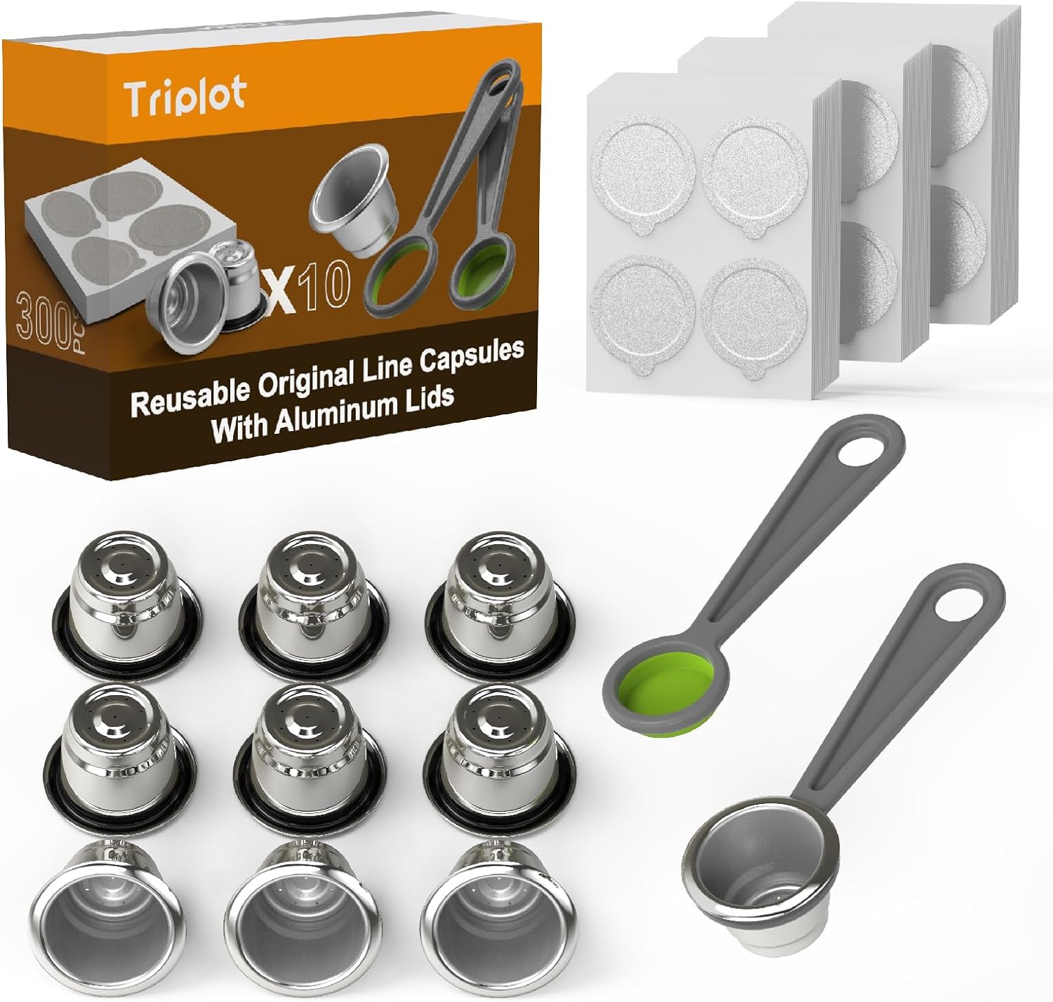 Triplot Reusable Capsules for Nespresso OriginalLine - 6pcs Refillable Coffee Pods,Stainless Steel Cups Compatible for Nespresso OriginalLine Machine (6Pods+100pcs Lids+Tray+Refilling ToolTamper)