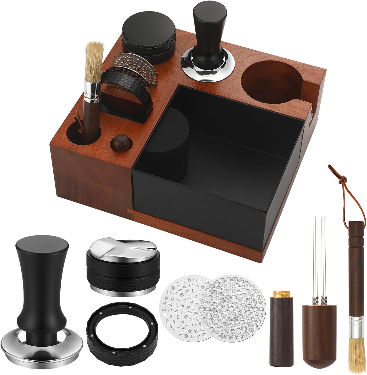 Wenqik 8 In One Espresso Knock Box Espresso Accessories Coffee Organizer, Include Wooden Tamping Station Espresso Tamper, Distributor, Puck Screen Accessories (58 mm)