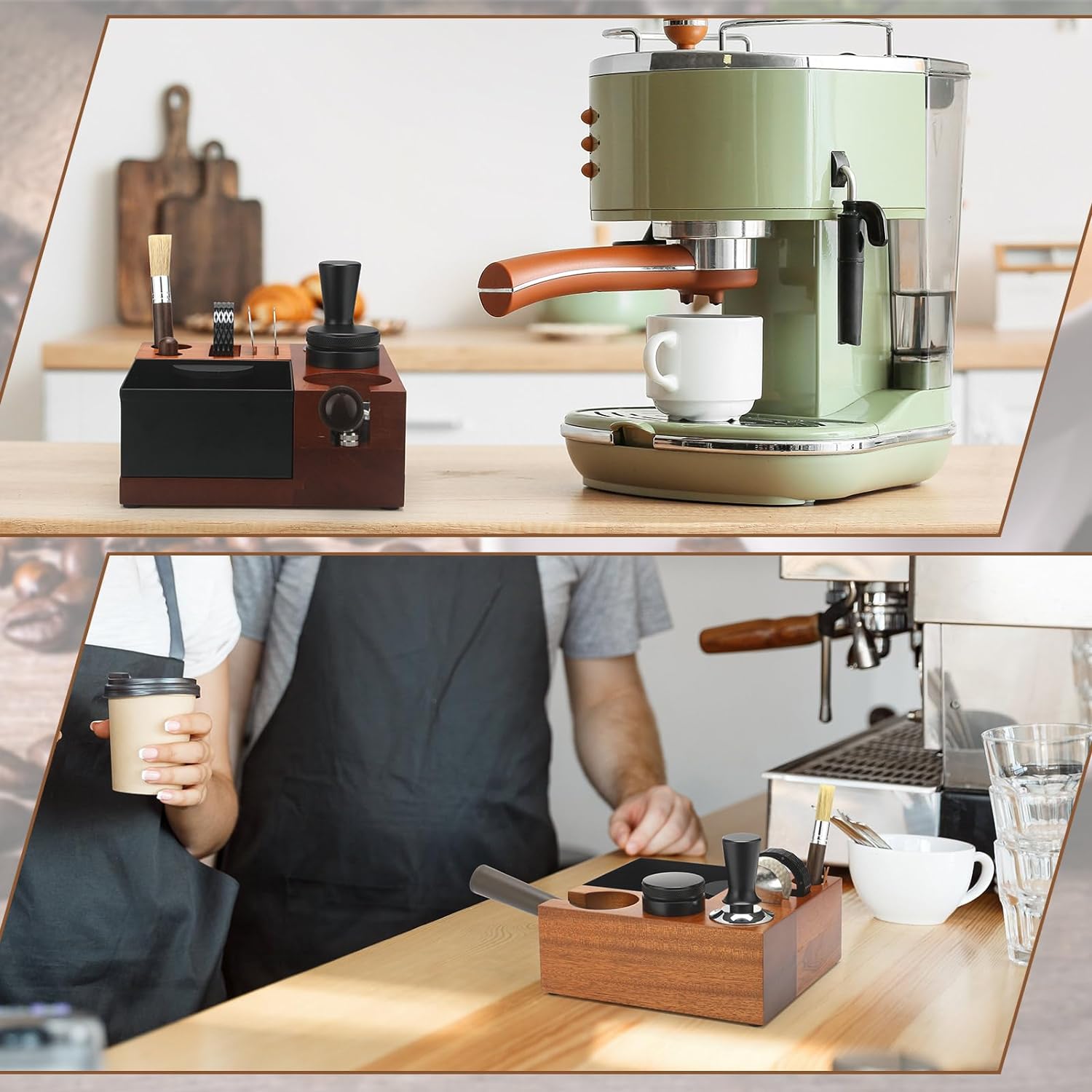 Wenqik 8 In One Espresso Knock Box Espresso Accessories Coffee Organizer, Include Wooden Tamping Station Espresso Tamper, Distributor, Puck Screen Accessories (58 mm)