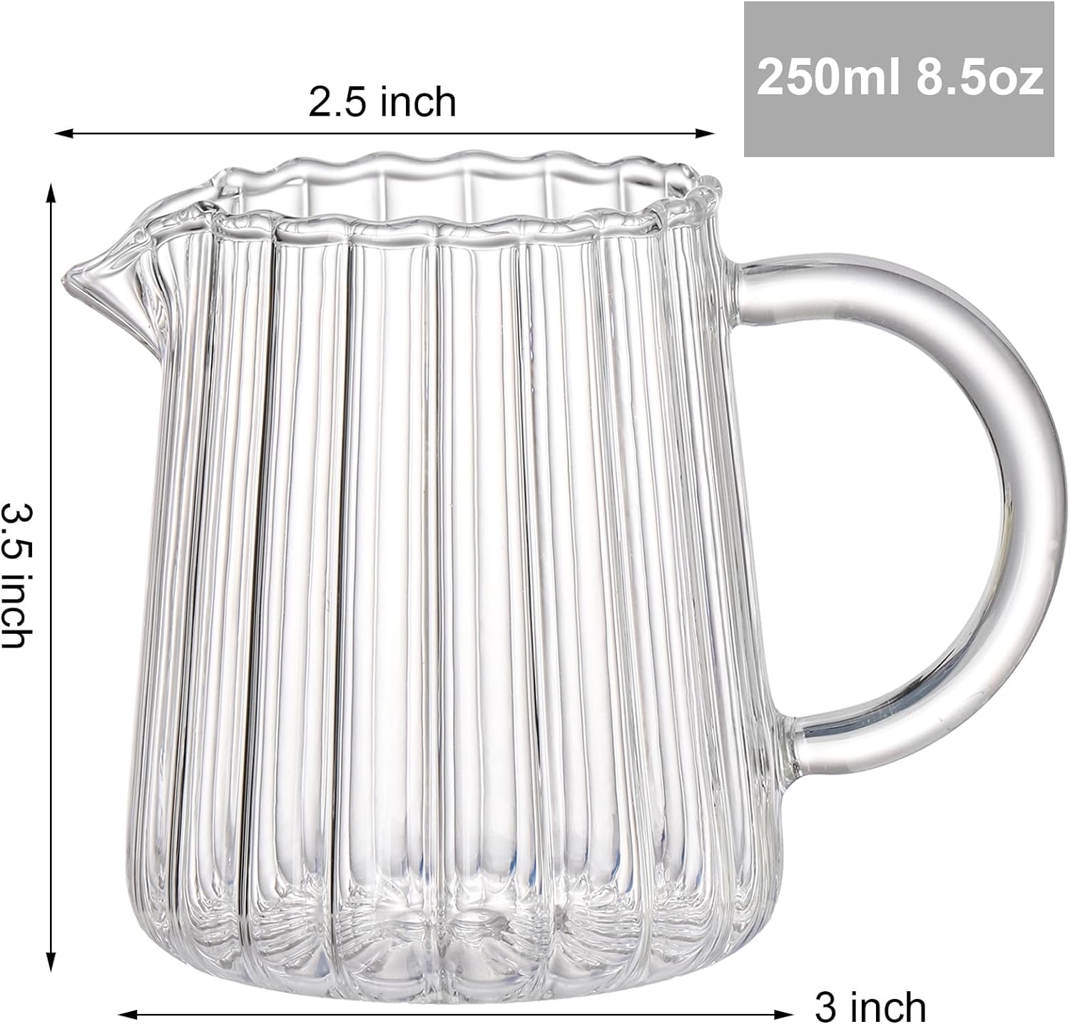 Yarlung 4 Pack Small Glass Pitcher, 8.5 Oz Crystal Clear Coffee Milk Creamer with Handle, Creative Tea Pitcher Fair Cups for Table Serving, Salad Sauce, Elegant Wave Shaped
