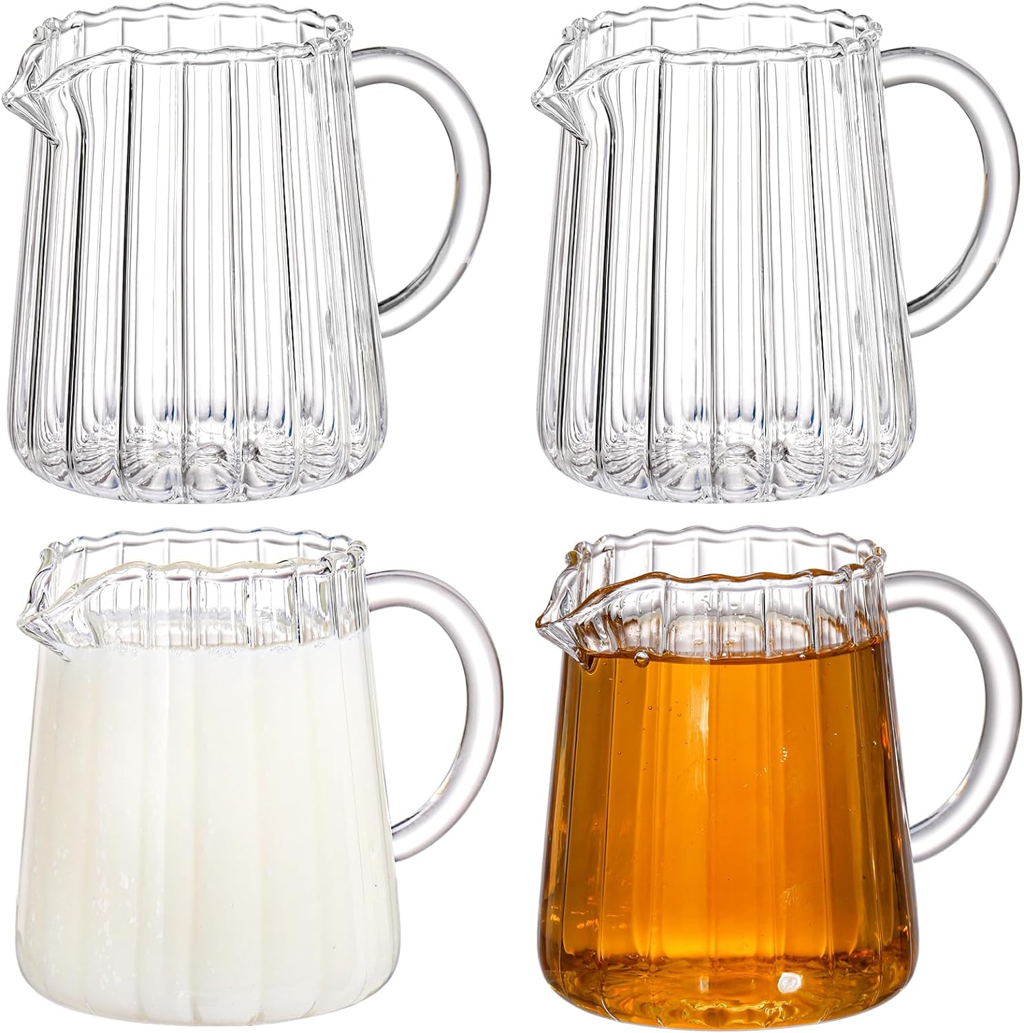 Yarlung 4 Pack Small Glass Pitcher, 8.5 Oz Crystal Clear Coffee Milk Creamer with Handle, Creative Tea Pitcher Fair Cups for Table Serving, Salad Sauce, Elegant Wave Shaped