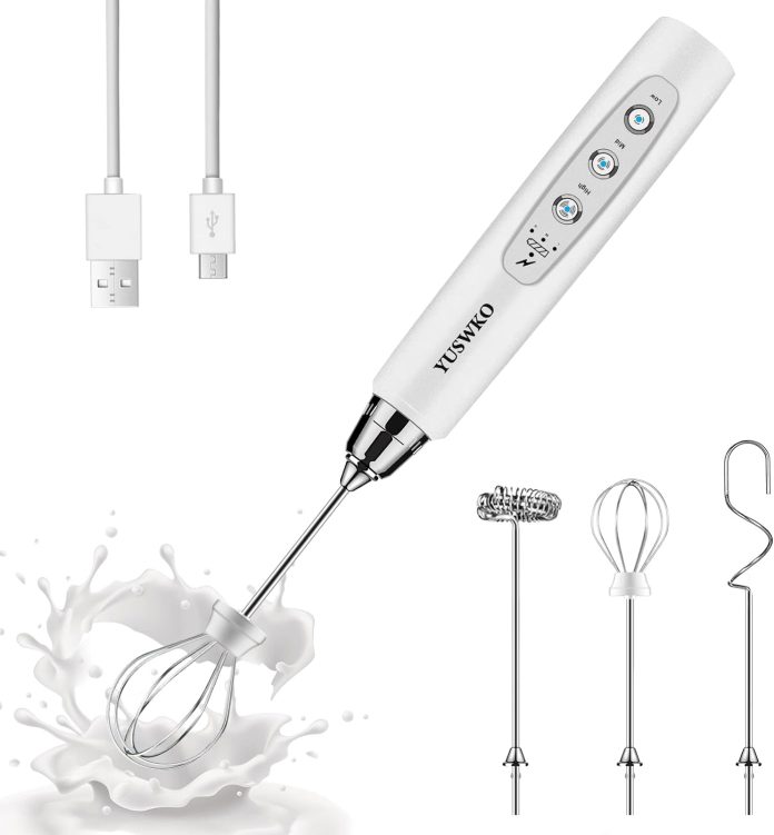 yuswko rechargeable milk frother handheld with 3 heads cream coffee electric whisk drink foam mixer mini hand stirrer wi