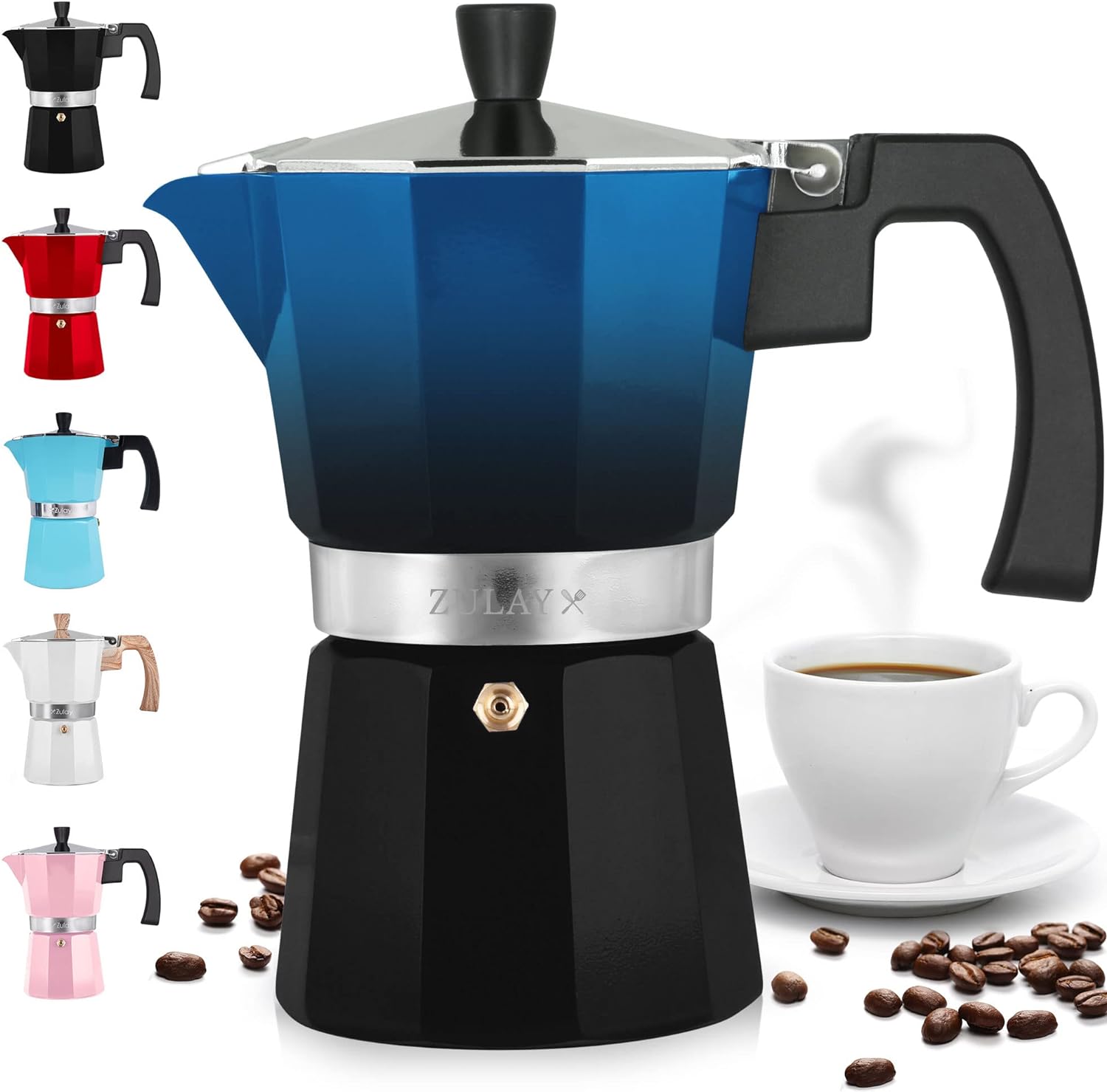 Zulay Classic Stovetop Espresso Maker for Great Flavored Strong Espresso, Classic Italian Style 3 Espresso Cup Moka Pot, Makes Delicious Coffee, Easy to Operate  Quick Cleanup Pot (Blue/Black)