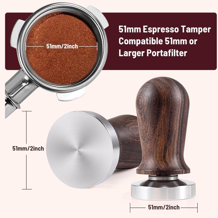 51mm espresso coffee tamper stirrer set wooden handle spring loaded calibrated tamper with premium stainless steel base