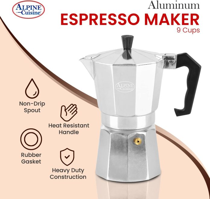 alpine cuisine stovetop espresso maker 125 oz 9 espresso cups moka pot for classic italian and cuban coffee maker alumin